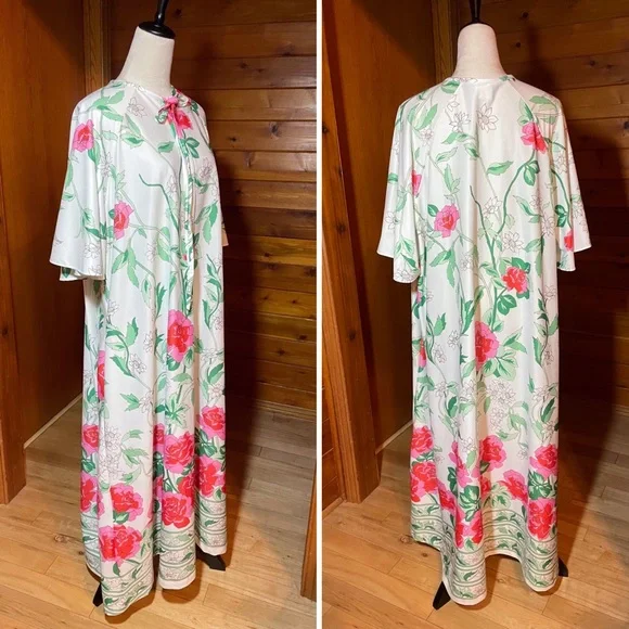 Vintage 70s Hawaiian Hibiscus Print Tie Front Zip Muumuu House Coat Sz XL